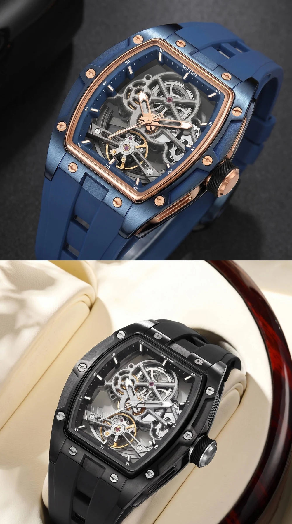 MEGIR Tonneau Skeleton Mechanical Watch Men Sport Wristwatch Silicone Strap Luxury Hollow Dial Male Automatic Mechanical Watches