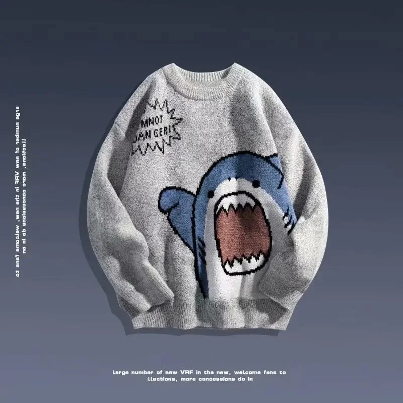 Autumn/Winter Japanese Cartoon Shark Round Neck Couple Sweater Men's Trendy Brand Loose-Fit Korean Knitted Top Hong Kong Style