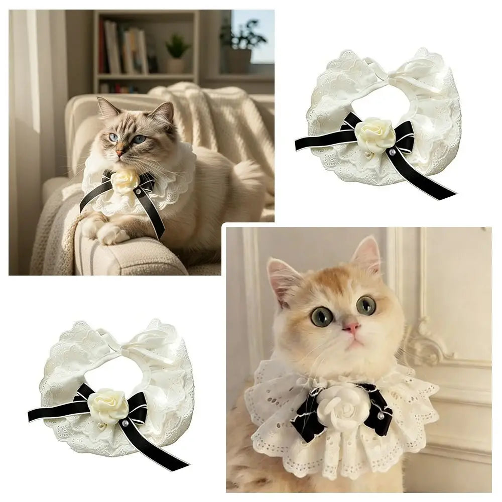 Elegant Design Pearl Pet Collar Lace Collar Princess Style Pet Bow Accessories Headgear Silk Material Bowtie Wedding Ceremony