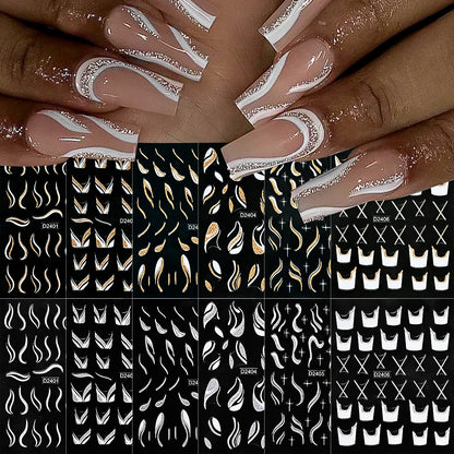 1pcs Gold Glitter French Design Nail Stickers White Silver Curve Lines Stripe Wave Nail Decals Slider Reflective Manicure Wraps
