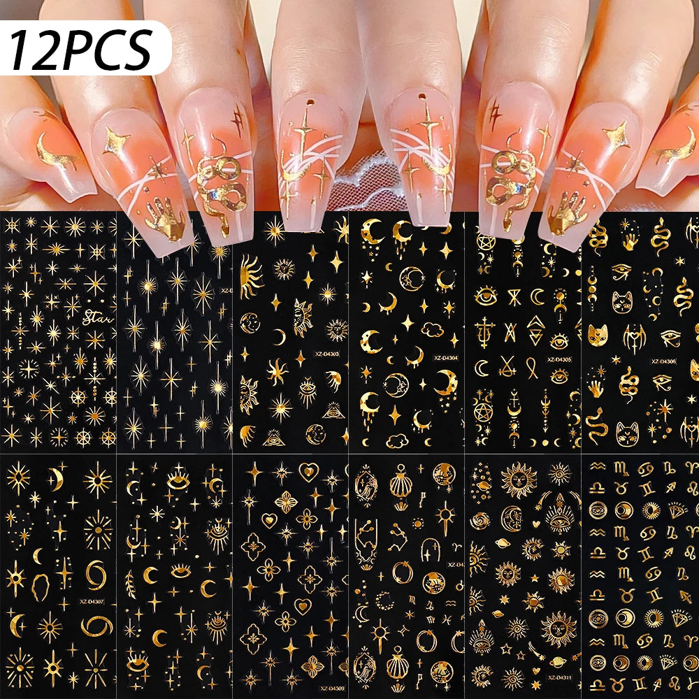12Pcs 3D Gold Star Moon Sun Nail Stickers 10*8cm Y2K Starlight Self-adhesive Nail Decals Snake Cat Slider DIY Manicure Accessory