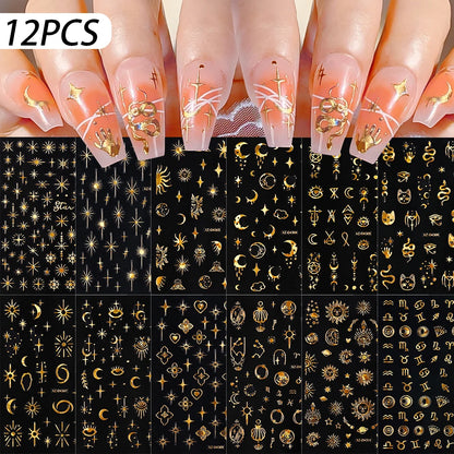 12Pcs 3D Gold Star Moon Sun Nail Stickers 10*8cm Y2K Starlight Self-adhesive Nail Decals Snake Cat Slider DIY Manicure Accessory