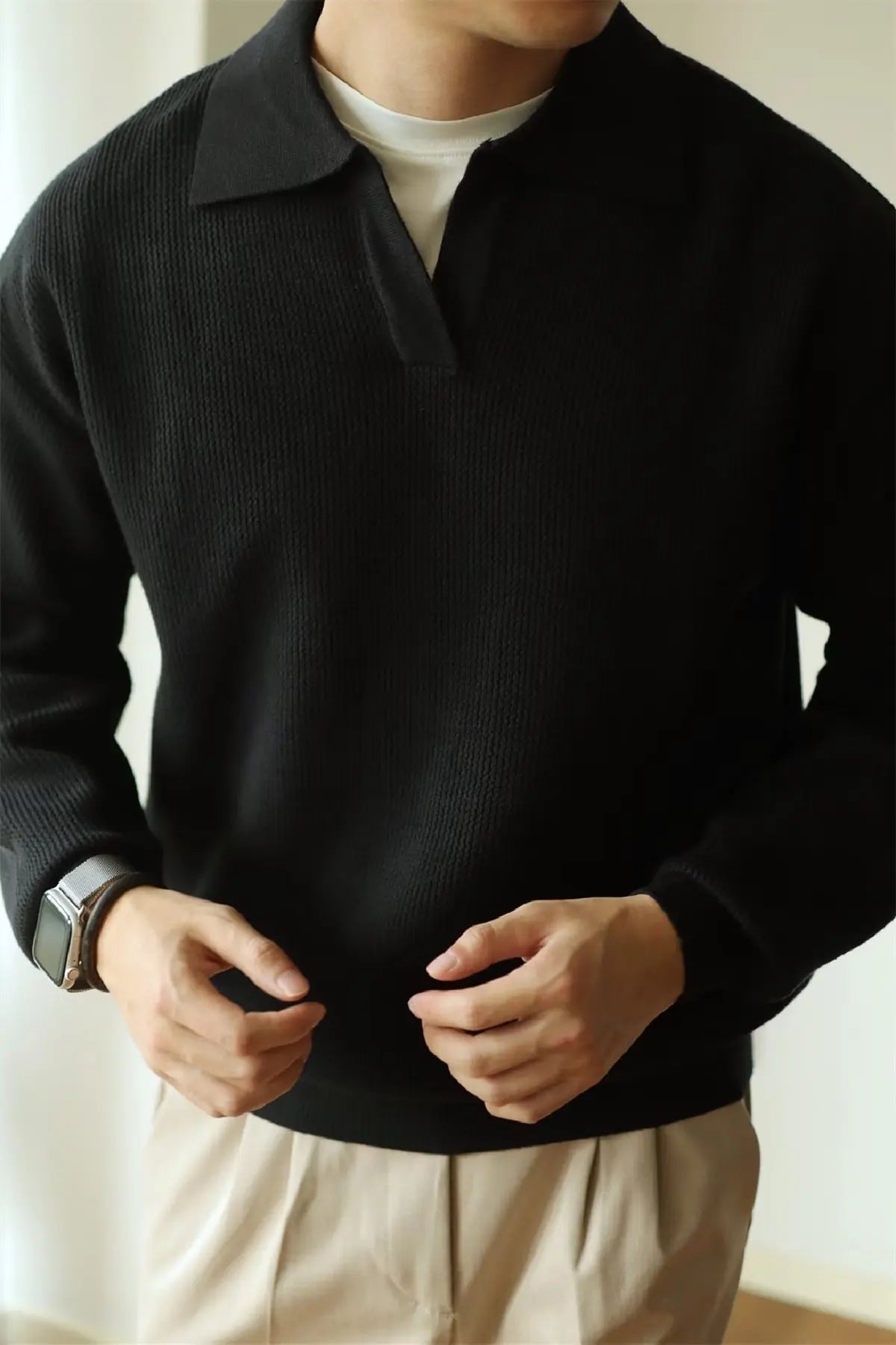Fashion Solid Color Men Polo Kint Shirt Autumn Long Sleeve Turn-down V-neck Sweater Casual Jumper Tops Men's Knitwear Clothing
