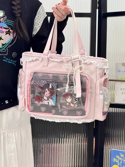 Japanese Sweet Women Ribbon Ita Bag Cute Lolita Girl Transparent Handbags Fashion Large Capacity Tote Bag Aesthetic Shoulder Bag