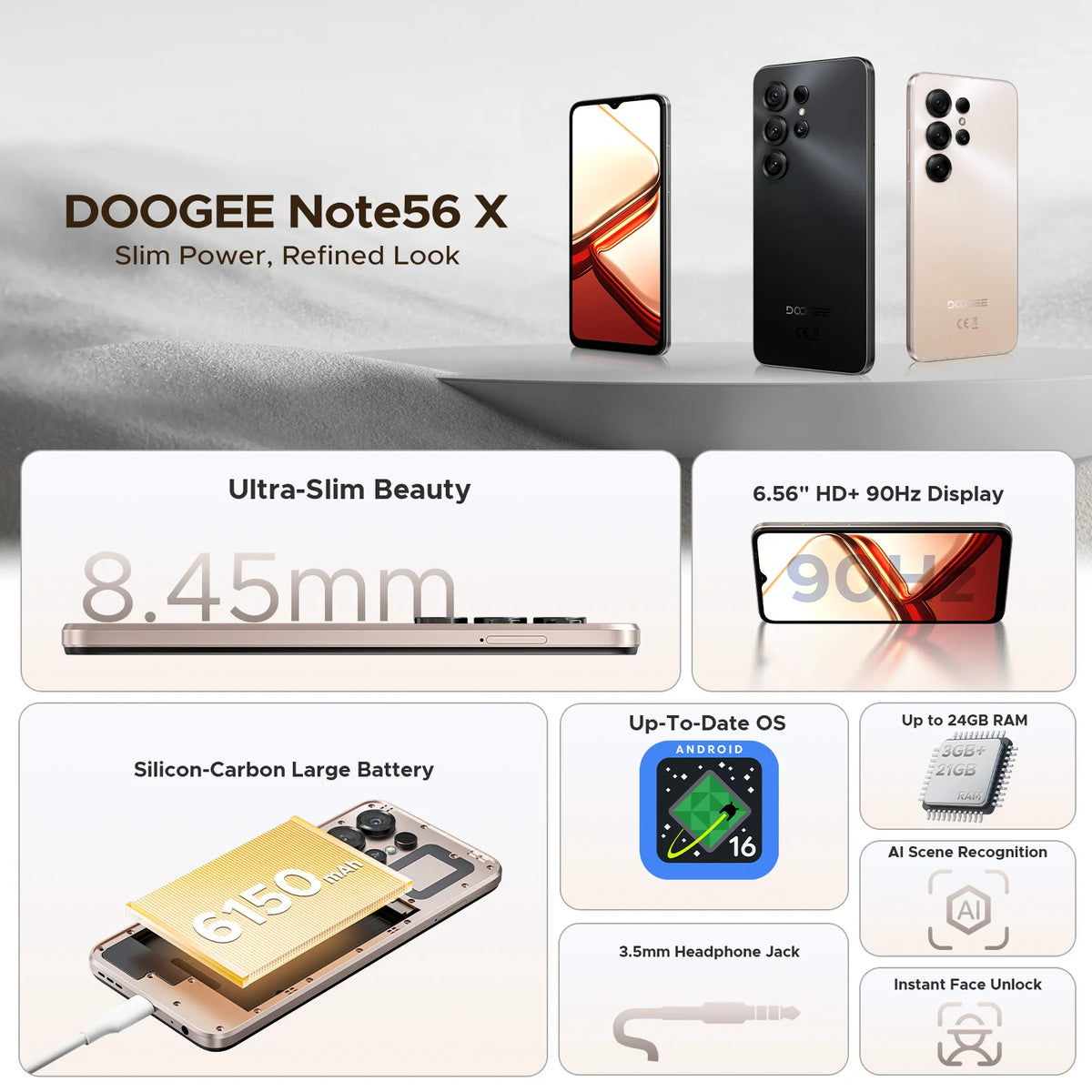 Global Version DOOGEE Note56 X Smartphone Android 16 24GB RAM(3GB+21GB) 64GB ROM 6.56'' Screen 6150mAh Battery Mobile Phone