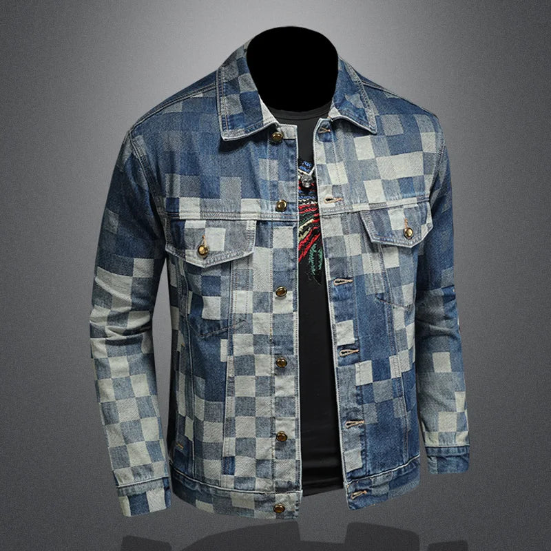 2025 Autumn Vintage Checkered Denim Jacket for Men Flip Collar Single Breasted Casual Business Jacket Social Street Wear Jeans