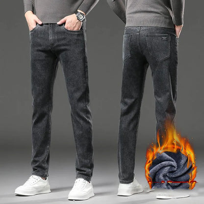 Men's Winter Stretch Fleece Jeans Thickened Warm Loose Straight Velvet Denim Trousers Classic Business Casual Black Work Pants