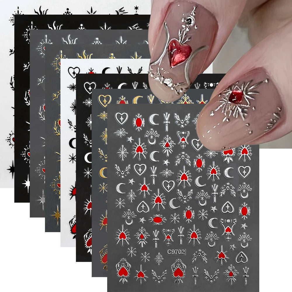 1pcs 3D Bronzing Gold Love Heart Nail Art Stickers Y2K Holographic Stars Sun Starlight DIY Nail Decals Heart Manicure Decoration
