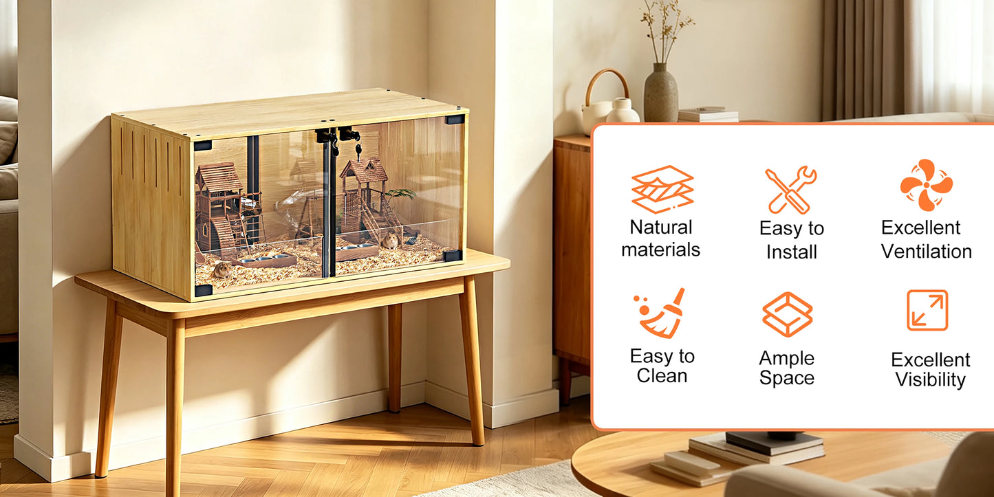 Wooden Hamster Guinea Pigs Cage Mice and Rat Habitat with Removable Divider Tempered Glass Panels Chew-proof Small Animals Cage for Small Pets