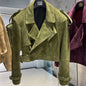 YOLOAgain Wide Shoulder Real Leather Jacket Women Oversized Genuine Leather Cropped Jacket