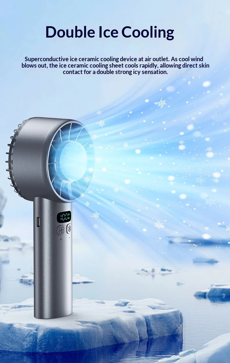 HOMEFISH Ice compress high-speed cooling fan handheld fans USB Rechargeable portable LED Digital Display Travel Camping Outdoor