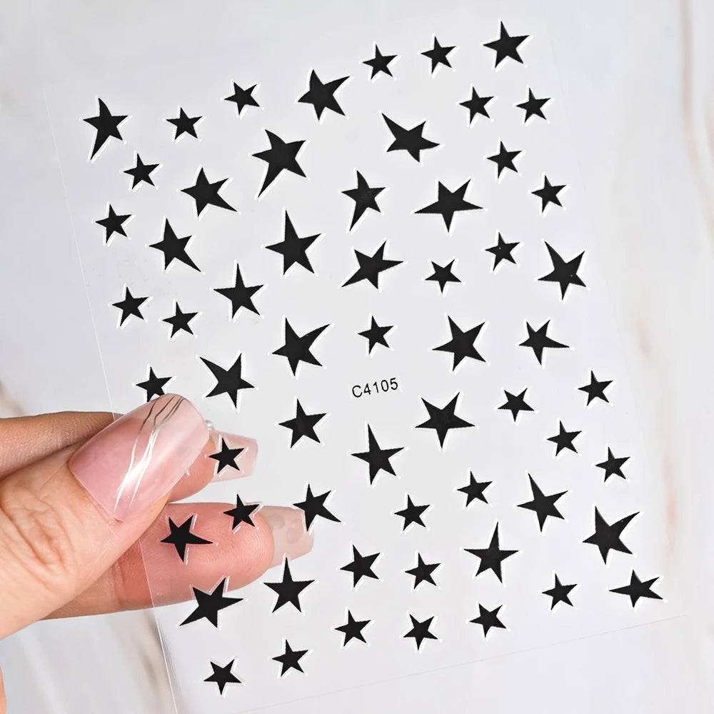 Black White Star 3D Nail Art Sticker Y2K Pentagram Self-Adhesive Decals Laser Shiny Glitters Starlight Manicure Ornaments Slider