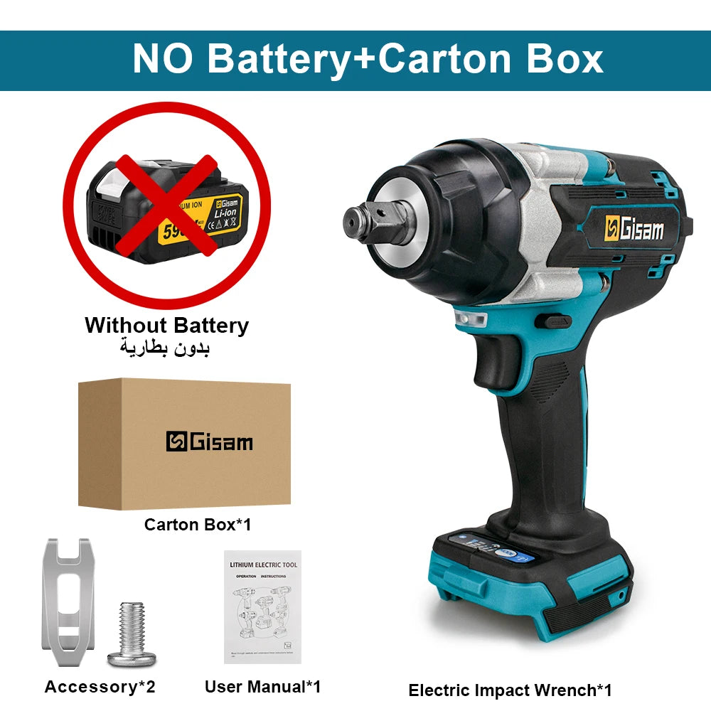 Gisam 1800N.M Torque Brushless Electric Impact Wrench 1/2 inch Screwdriver Cordless Wrench Power Tool For Makita 18V Battery Pin