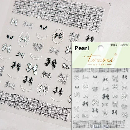 1pcs 5D Diamond Japanese White Lace Bow Nail Art Stickers Pearl Rhinestones Nail Decoration Adhesive Decals Slider DIY Accessory