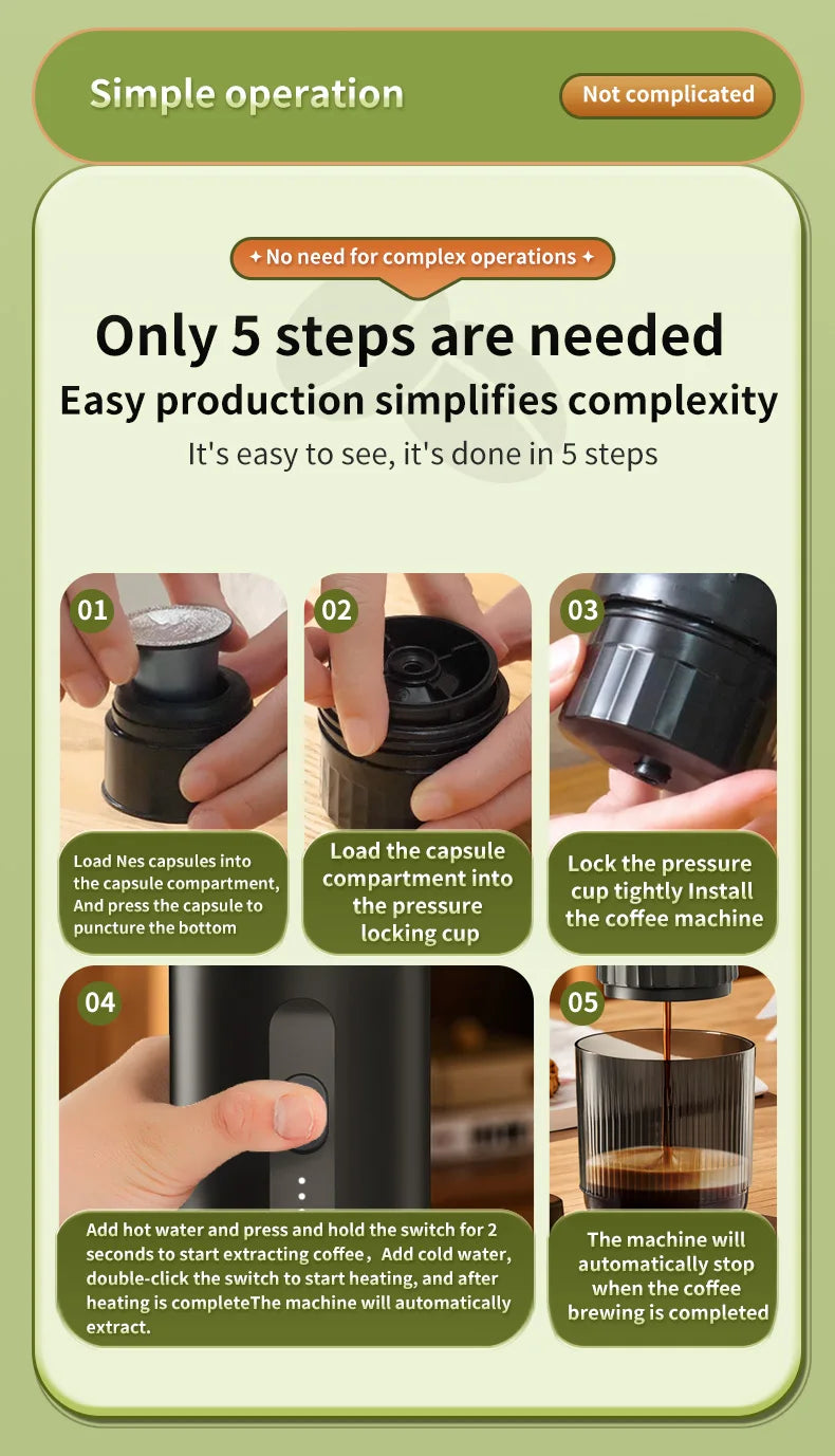 20 Bar Self-Heating Wireless Portable Espresso Maker, One-Click Automatic Extraction Mini Coffee Machine, Multi Capsule Compatible Rechargeable Travel Coffee Maker, Compact Portable Coffee Brewer for Car, Road Trip, Camping,