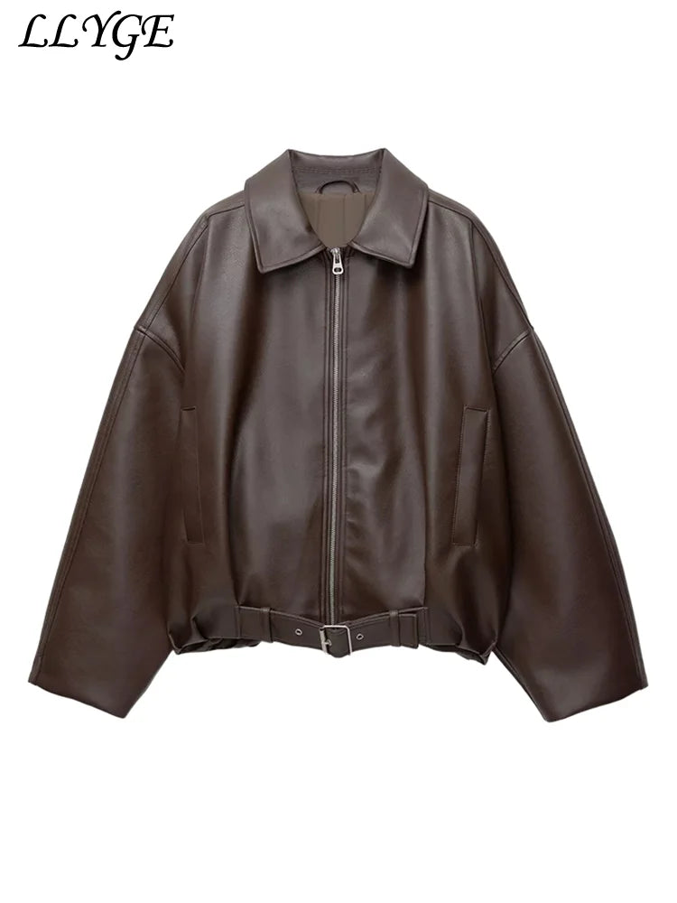 Street Women's Belt Leather Jackets Loose Lapel Zipper Long Sleeve Pockets Female Coats 2026 Autumn Lady Fashion Y2k Outwear