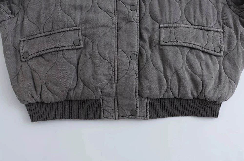 Women Fashion Oversized Thick Warm Quilted Bomber Jackets Coat Vintage Long Sleeves Snap-button Female Outerwear Chic Tops