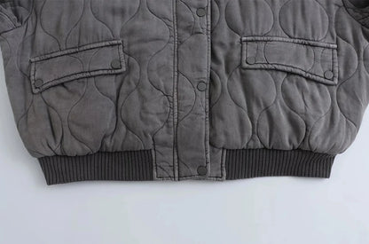 Women Fashion Oversized Thick Warm Quilted Bomber Jackets Coat Vintage Long Sleeves Snap-button Female Outerwear Chic Tops