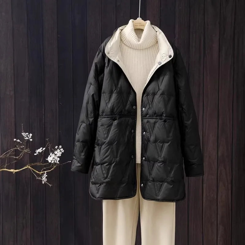 2024 New Autumn Winter Women Ultralight Long White Duck Down Jacket Female Single-Breasted Double Sided Puffer Jacket Women