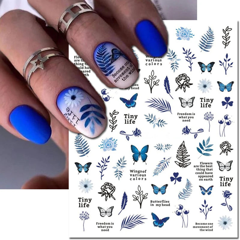 3d Nail Art Decals Elegant White RoyalBlue Roses Flowers Adhesive Sliders Nail Stickers Decoration For Nail Manicure