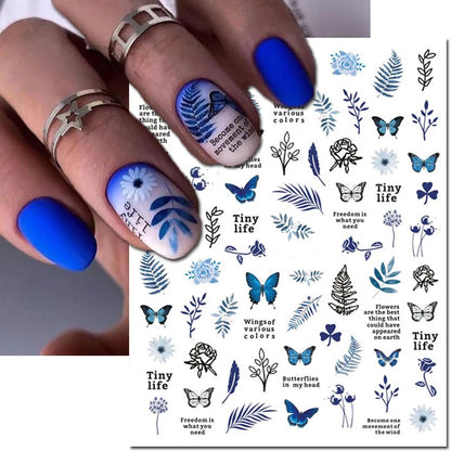 3d Nail Art Decals Watercolor Florals Purple Green Pink Flowers Leafs Fruit Adhesive Sliders Nail Stickers For Manicure