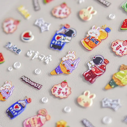 5D Pudding Jelly Dessert Fruit Cherry Pink Claw Print Bowknot Tie knot Love Heart Stars Nail Art Sticker Adhesive Manicure Decal