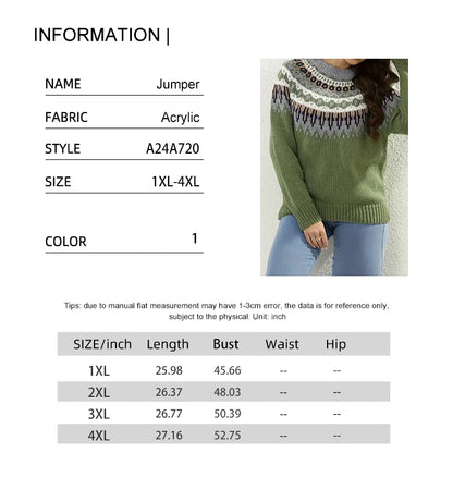 Plus Size  Pattern Knitted Sweater, Autumn and Winter Casual Long Sleeve Pullover Sweater, Women's Plus Size Clothing