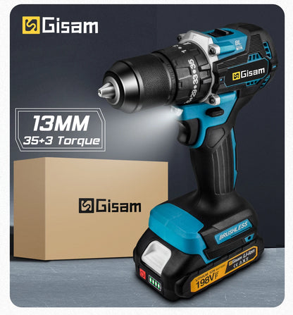GIsam 13mm Electric Drill Brushless Impact Screwdriver Dual Speed 35+3 Torque Cordless Power Tool for Makita 18V Battery Pins