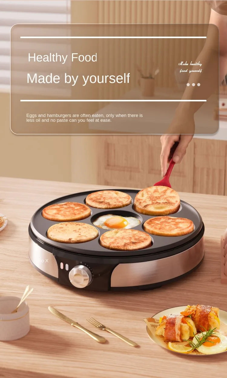 220V Professional Crepe Maker with 7 Holes Egg Burgers Crepes and Omelettes Baking Pan Perfect for Breakfast
