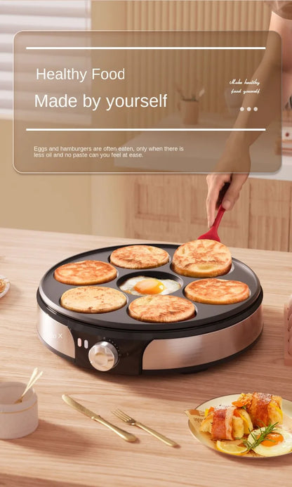220V Professional Crepe Maker with 7 Holes Egg Burgers Crepes and Omelettes Baking Pan Perfect for Breakfast