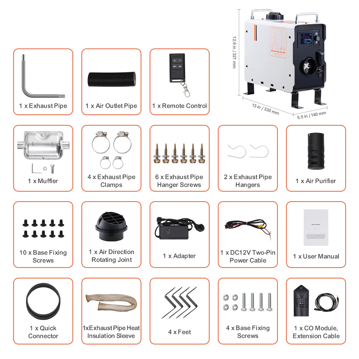 SucceBuy 2KW Diesel Heater 12V/24V All in One Diesel Air Heater with Remote Control Display Screen CO Alarm for Vehicle&Outdoor
