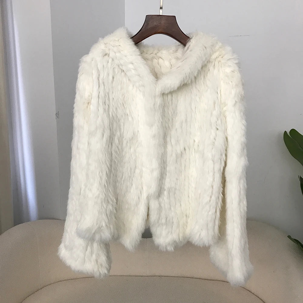 2024 Short Rabbit Fur Coat for Women Autumn Winter New Encrypted Thickened Handmade Double-sided Woven Hooded Korean Style