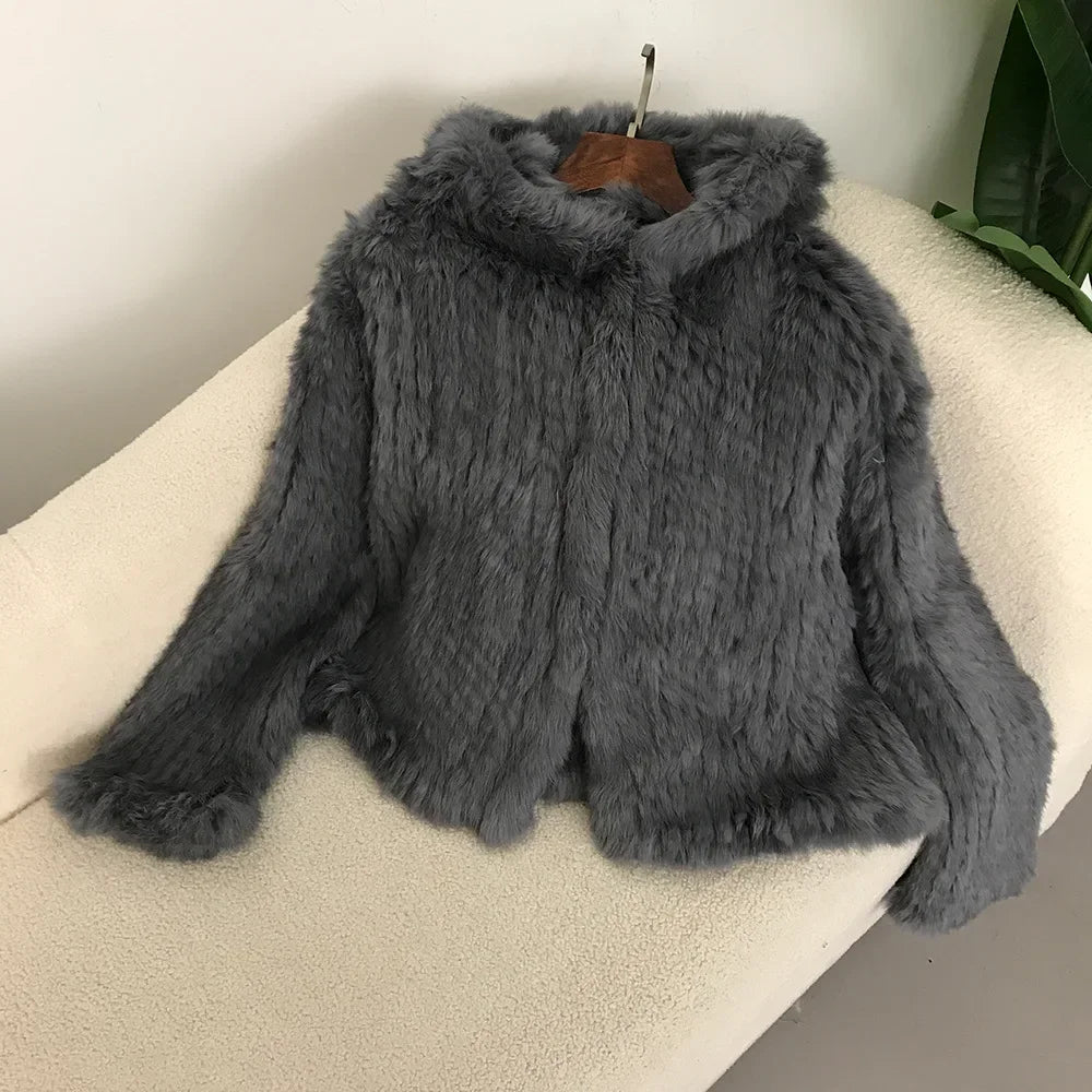2024 Short Rabbit Fur Coat for Women Autumn Winter New Encrypted Thickened Handmade Double-sided Woven Hooded Korean Style