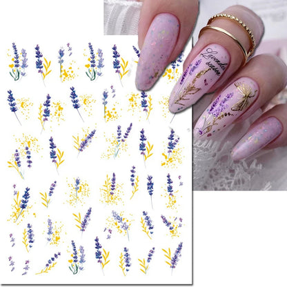 3d Nail Art Decals Watercolor Florals Purple Green Pink Flowers Leafs Fruit Adhesive Sliders Nail Stickers For Manicure