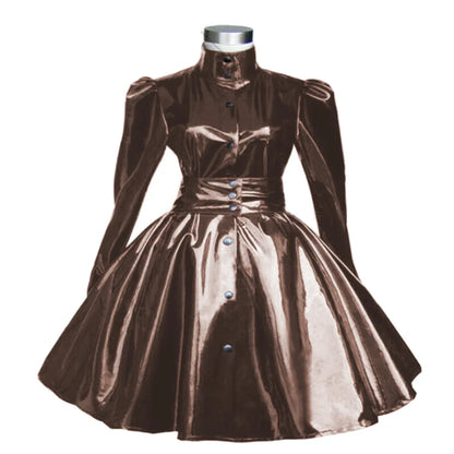 Plus Size Sweet Girl Mini Dress PVC Leather High Neck Button Pleated  A-line Dress Preppy Style Back Zipper Long Sleeve Dress