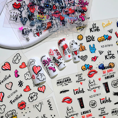 30pcs/set 3D Cartoon Cat Nail Art Stickers Black Graffiti Animal Bow Star Heart Nail Decals Kawaii Self-adhesive Manicure Slider