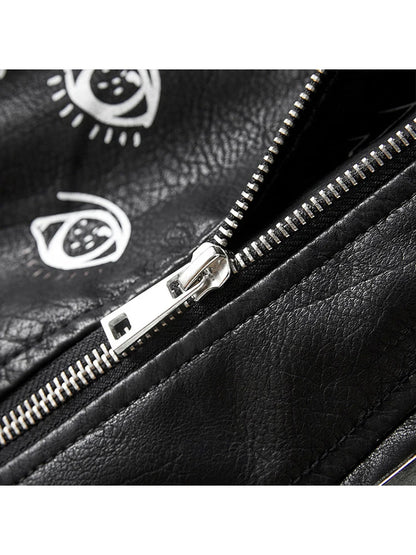Ailegogo Spring Women Graffiti Print Pu Faux Leather Short Jacket Streetwear Female Retro Slim Zipper Moto Biker Coat Outwear