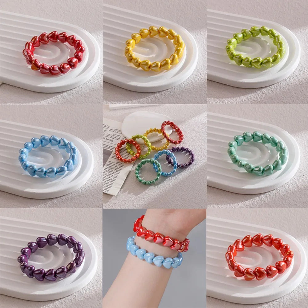 Sweet Fashion Dopamine Colorful Glossy Resin Heart Handmade Bead Elastic Bracelets for Women Summer Beach Stackable Jewelry Gift