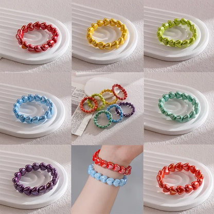 Sweet Fashion Dopamine Colorful Glossy Resin Heart Handmade Bead Elastic Bracelets for Women Summer Beach Stackable Jewelry Gift