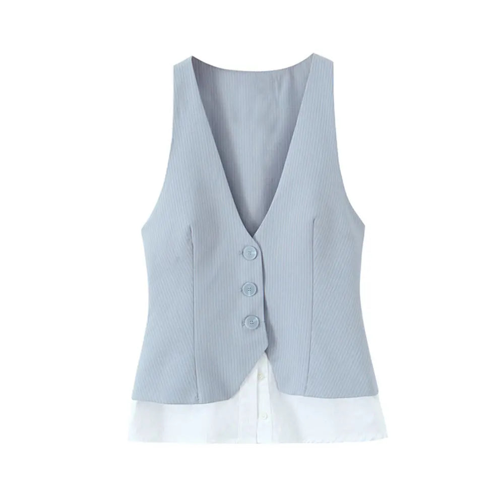 Women's Fashion Striped Patchwork Vest Sleeveless V-Neck Waistcoat Chic Outerwear Front Button Chic Vest Tops