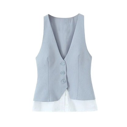 Women's Fashion Striped Patchwork Vest Sleeveless V-Neck Waistcoat Chic Outerwear Front Button Chic Vest Tops