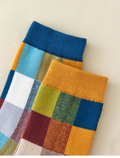 5 Pairs Combed Cotton Men's Socks Outdoor Party Compression Socks Fashion Colorful Square And Stripe Happy Dress Socks Men