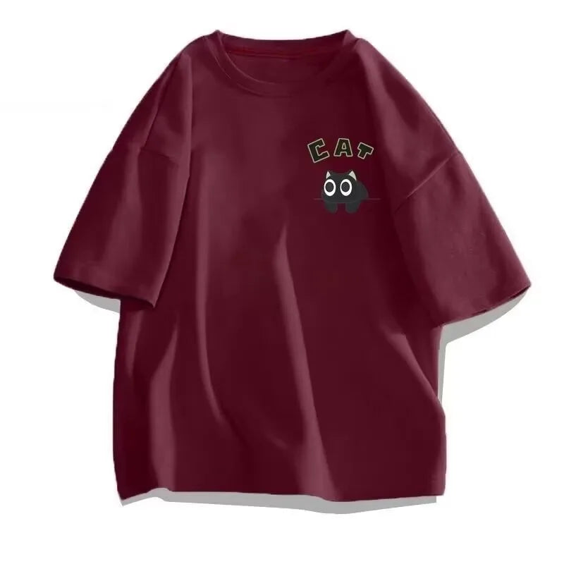 【 M-8XL 】 Summer Limited Edition Men's Oversized T-shirt Korean Casual Loose Style Anime Black Cat Print T-shirt