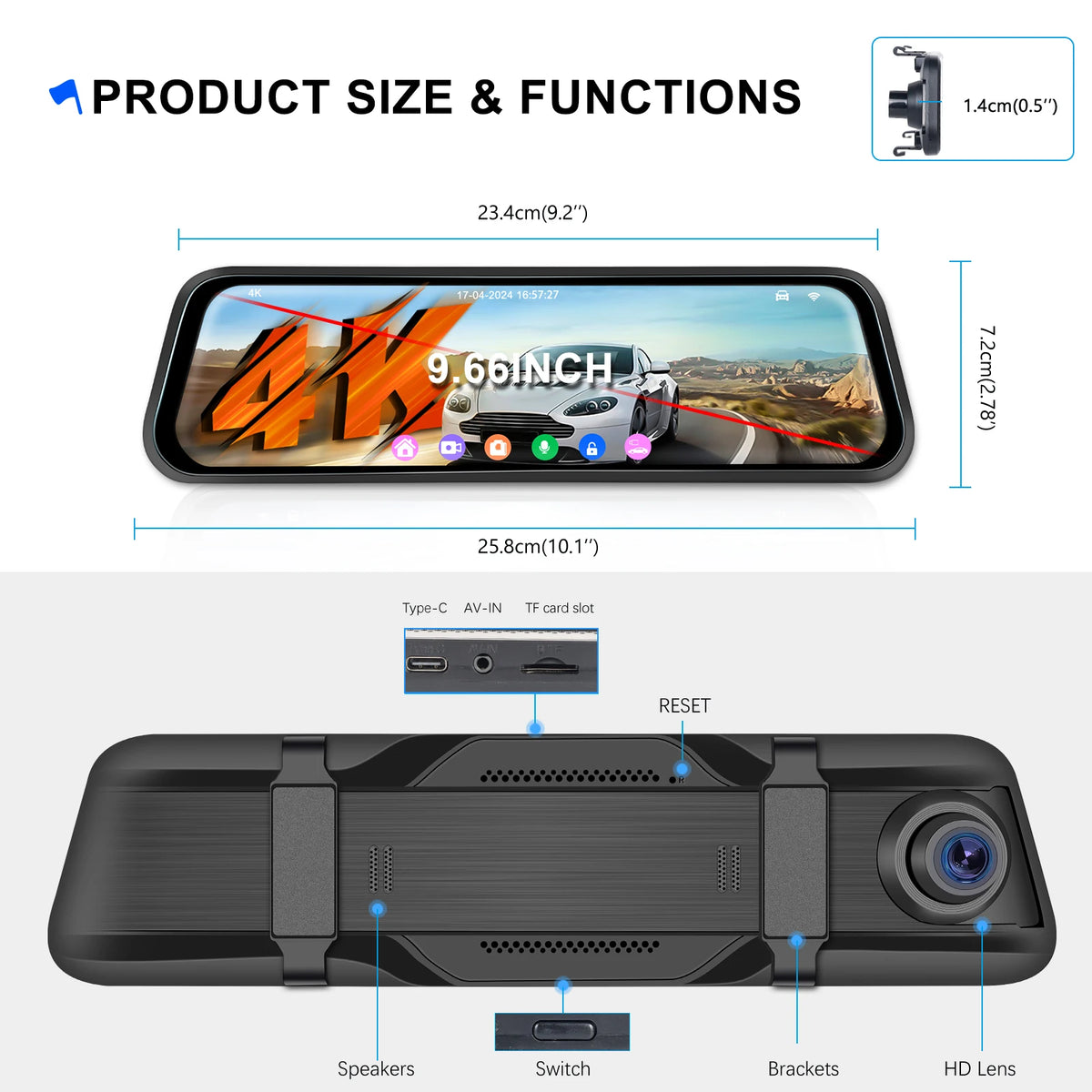 Podofo 4K Dashcam 9.66'' Mirror Dash Car Camera Rear Camera  Video Recorder Night Vision Loop Recording G Sensor 24H Parking Monitoring