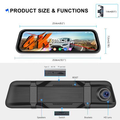 Podofo 4K Dashcam 9.66'' Mirror Dash Car Camera Rear Camera  Video Recorder Night Vision Loop Recording G Sensor 24H Parking Monitoring