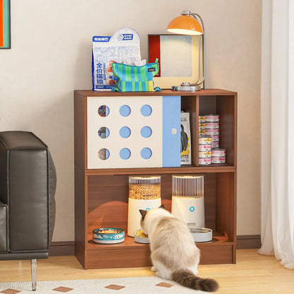 Triple-Function Cat House with Litter Box & Storage,Human-Pet Shared Furniture,Cat Tree Hut, Indoor Cat Den,Multi-Level Cat Fort