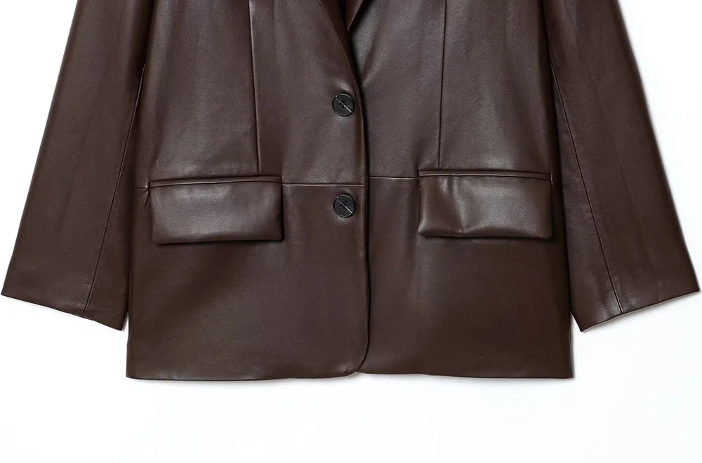 Women's Fashion Faux Leather Blazer Coat Loose Fit Old Money Style Long Sleeve Front Button Chic Outerwear Top