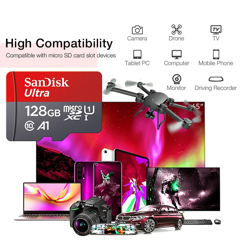 100% Original SanDisk Memory Card 256GB 128GB 64GB 32GB A1 Micro SD Card Class 10 UHS-1 TF Flash Card for Samrtphone/PC