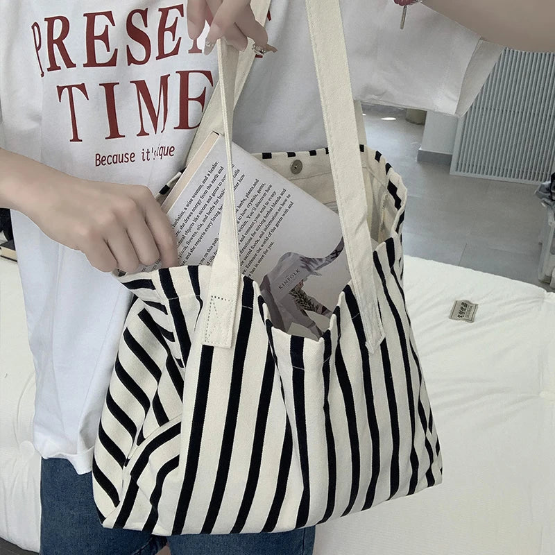 Striped Canvas Bag Beach Handbag Fashionable Women's Canvas Summer Large Capacity Shoulder Bag