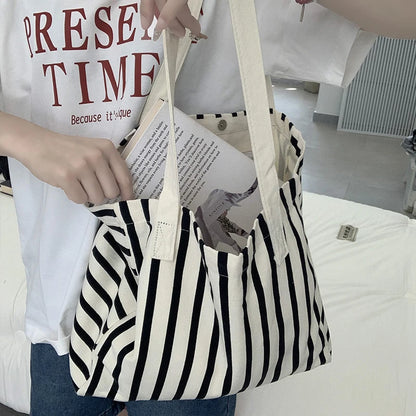 Striped Canvas Bag Beach Handbag Fashionable Women's Canvas Summer Large Capacity Shoulder Bag